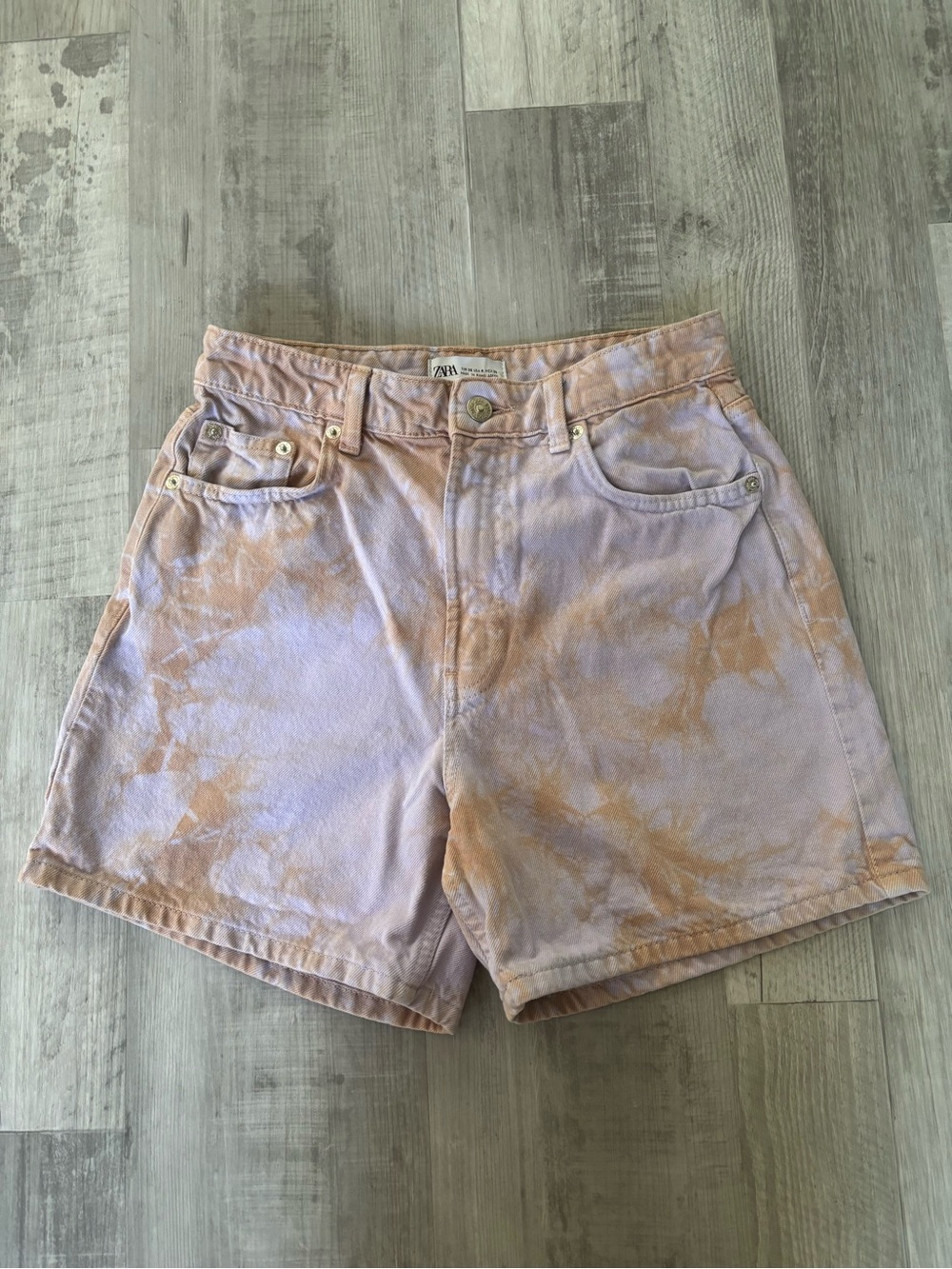 Zara Pastel Lilac and Orange Marbrle Tie-Dye Denim Shorts